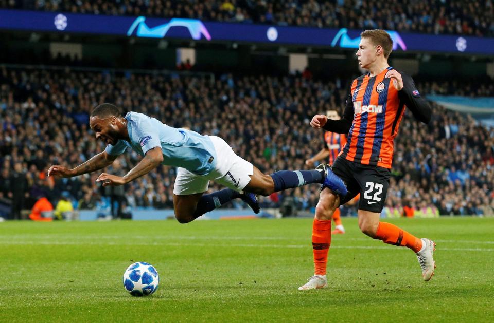  Raheem Sterling goes down and wins a penalty in Manchester City's clash with Shakhtar Donetsk last month