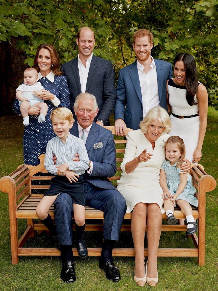 Prince Charles poses for an official portrait to mark his 70th Birthday in the gardens of Clarence House, with Camilla, Prince Willliam and Kate Middleton, Prince George, Princess Charlotte, Prince Louis, Prince Harry and Meghan Markle