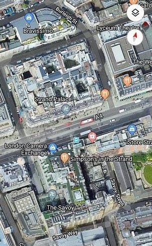 This Google Maps image shows The Savoy and The Strand Palace marked with swastikas in a grey pins