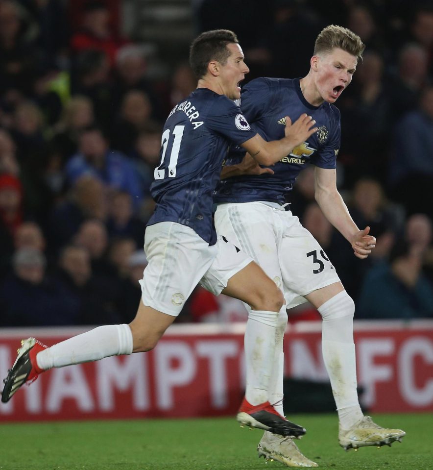  Herrera reacts after equalising after getting on the end of a Marcus Rashford cross