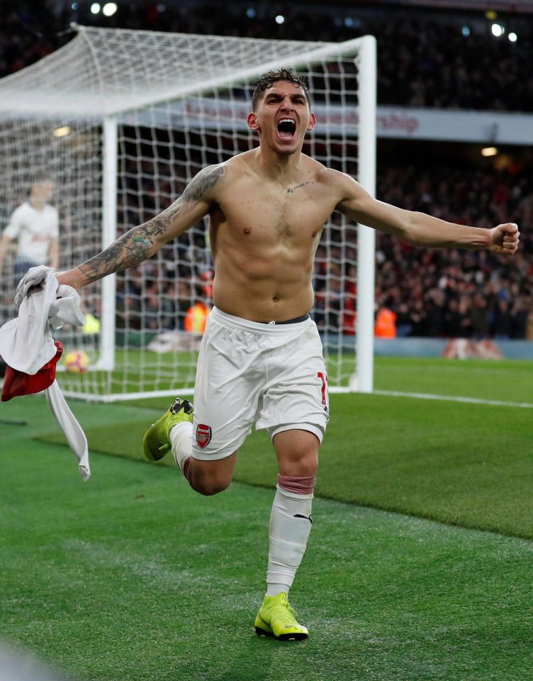  Lucas Torreira is off and running after slotting the Gunners' clinical fourth goal