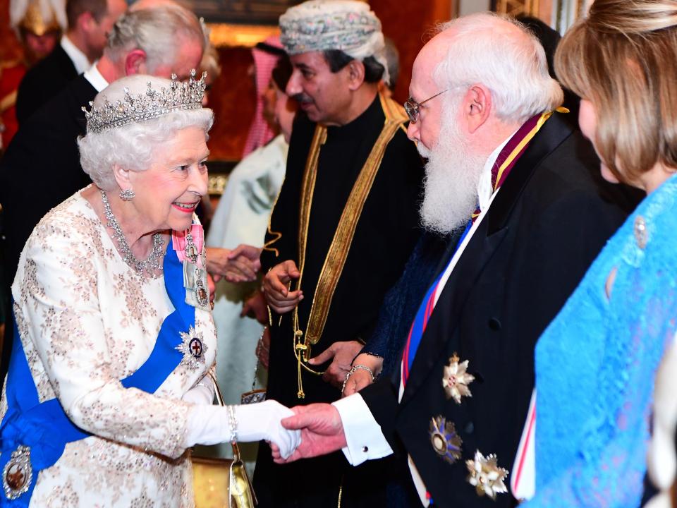  The Queen wore a Angela Kelly dress and the Queen Mary Girls of Great Britain and Ireland tiara - one of her favourites