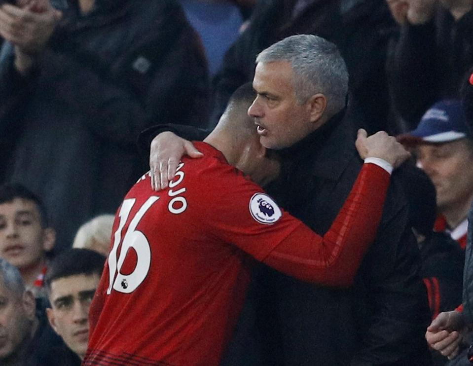  Mourinho embracing Marcus Rojo coming off the pitch after he scored an own goal on Wednesday