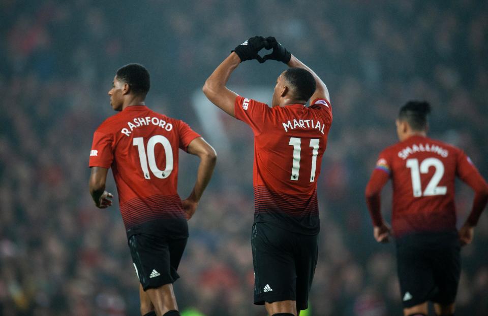  Anthony Martial celebrating his first-time leveller against the Gunners