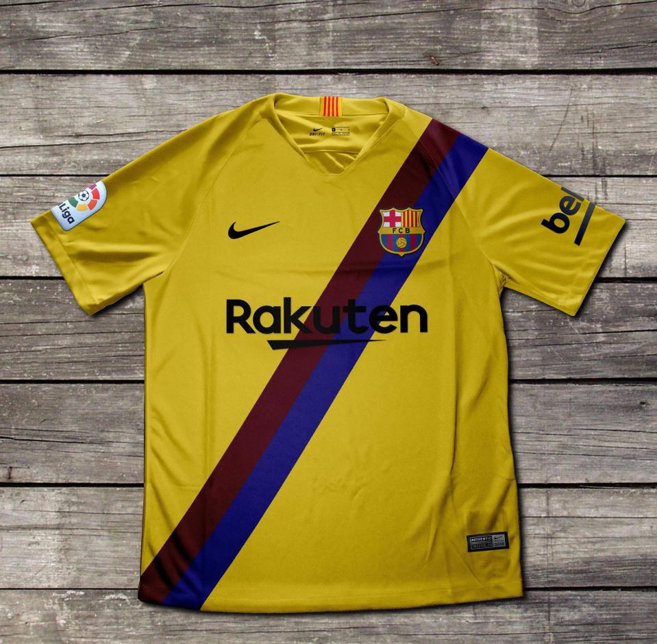  Barcelona's away kit for next season is yellow with a blue and red sash, inspired by a famous kit from the 1970s