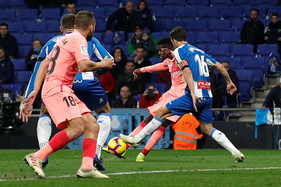 Ousmane Dembele fires home in a goalscoring display against Espanyol that impressed Lionel Messi