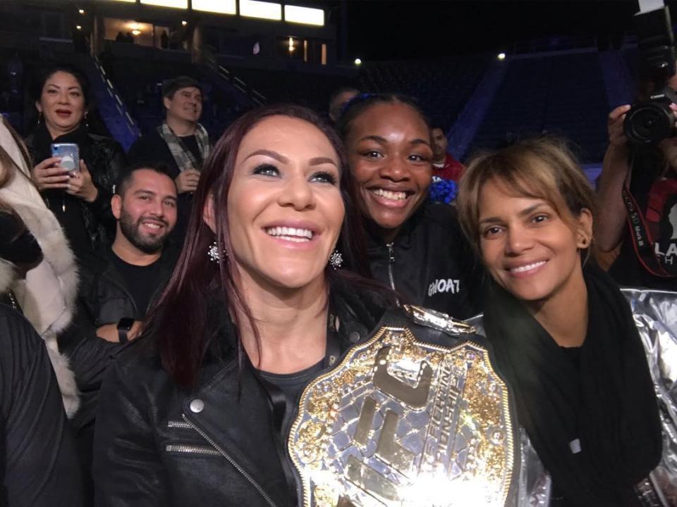  Halle Berry, right, pictured with UFC ace Cris Cyborg and boxer Claressa Shields