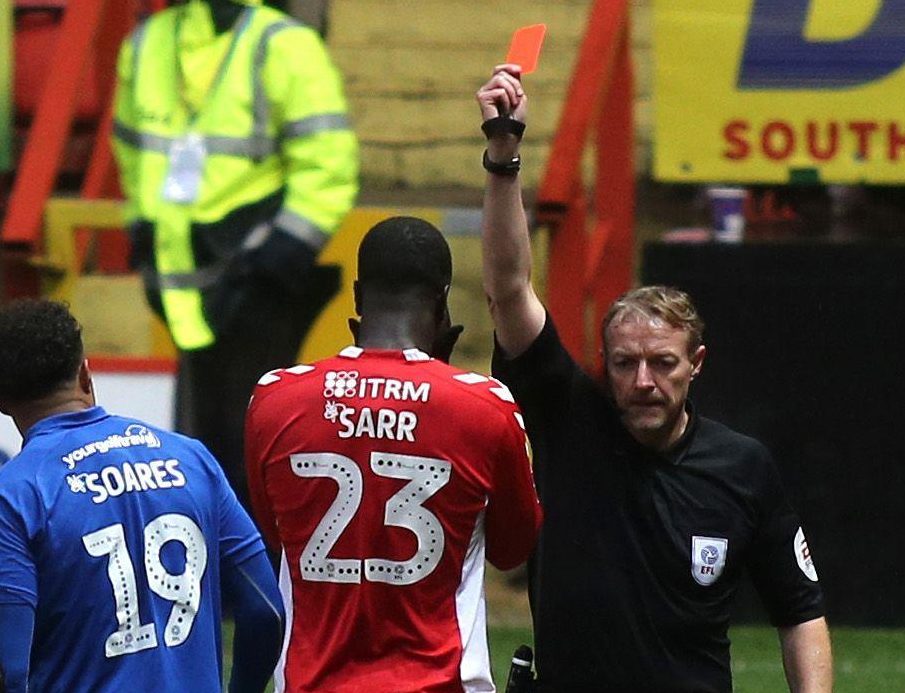 Sarr cannot believe it as ref Trevor Kettle shows him a first minute red