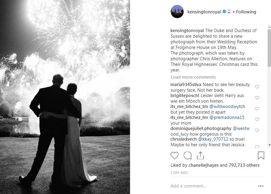  Meghan and Prince Harry's card has nearly 800,000 likes on Instagram - less than half of Kate and William's offering