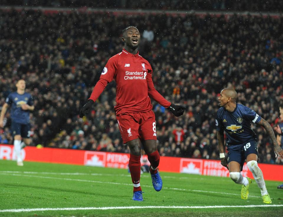  Naby Keita reacts as Liverpool go close against Man Utd at Anfield