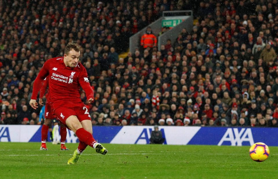  Livewire sub Xherdan Shaqiri fires in a rebound that deflects high inside the near post to restore Liverpool lead against outplayed Man Utd at Anfield