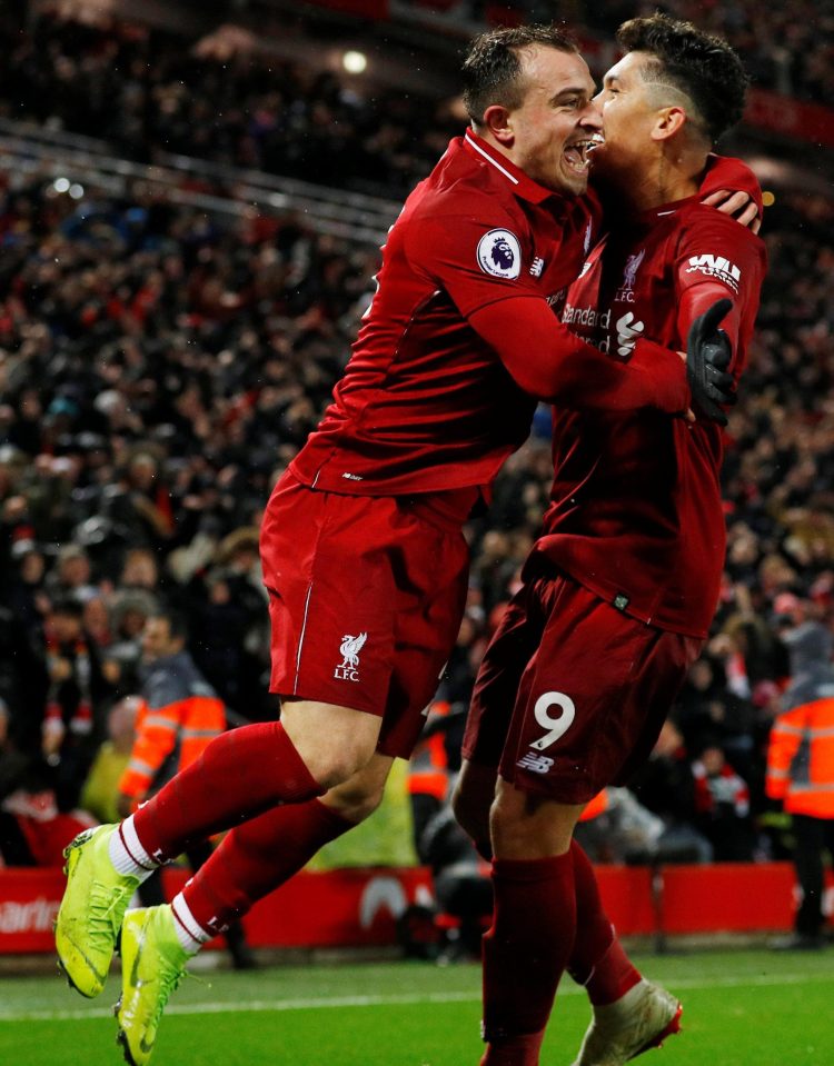  Match-turning super-sub Xherdan Shaqiri rejoices with Roberto Firmino after his deflected brace