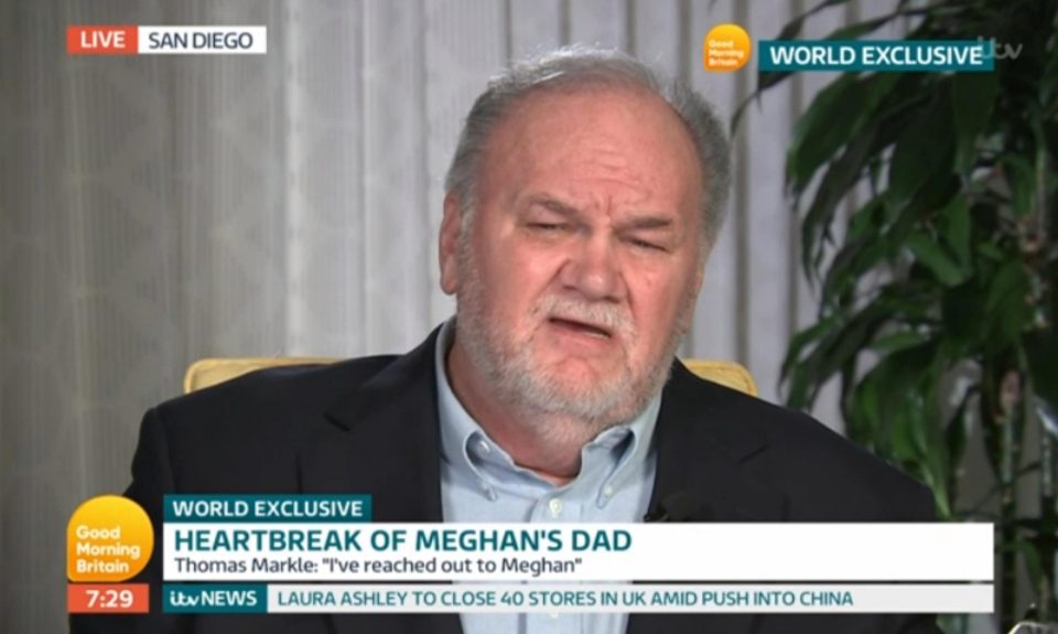  Thomas Markle, 74, says he has been left heartbroken after Meghan broke off contact with him