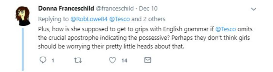  Donna Franceschild appeared to suggest Rob Lowe's daughter's language development was being intentionally inhibited by the people who make aisle signs for Tesco