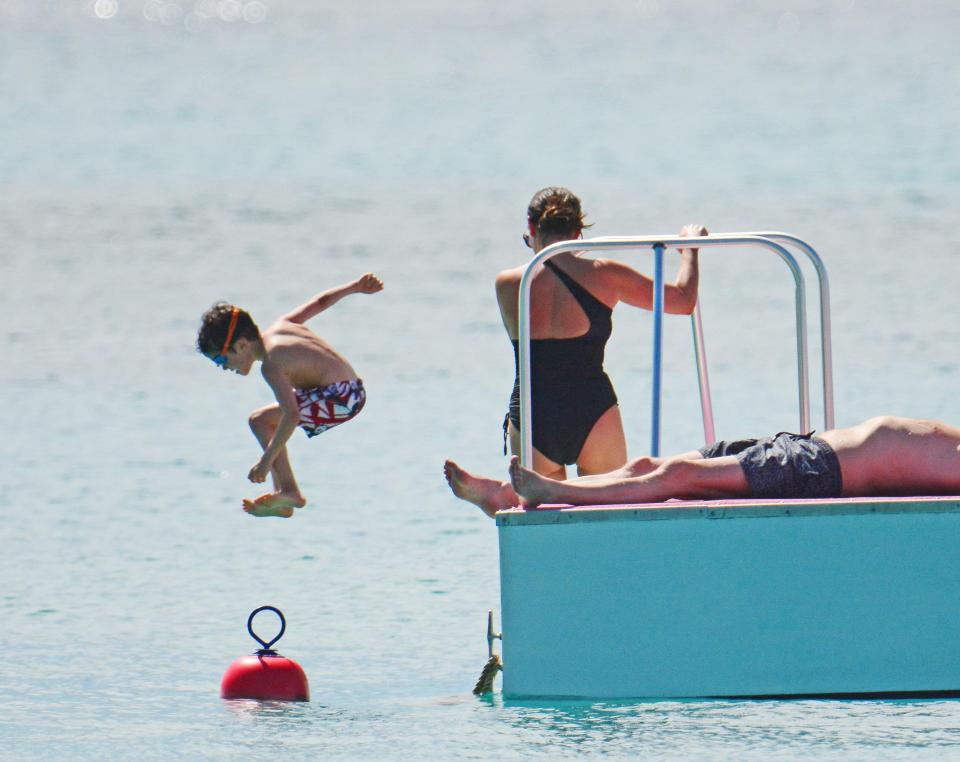  Eric played on a floating platform as Lauren supervised