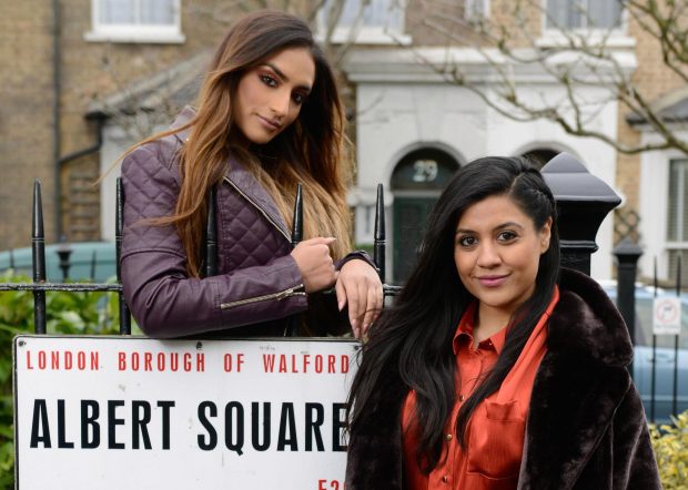 Rukku Nahar, left, with Priya Davdra, right, on the set of EastEnders