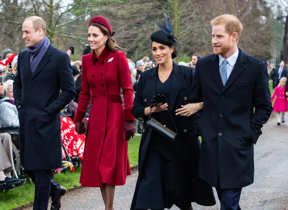  Festive and prim Kate Middleton wears 1940s style coat by Catherine Walker with £830 headband, while Meghan Markle wears outfit designed by Victoria Beckham