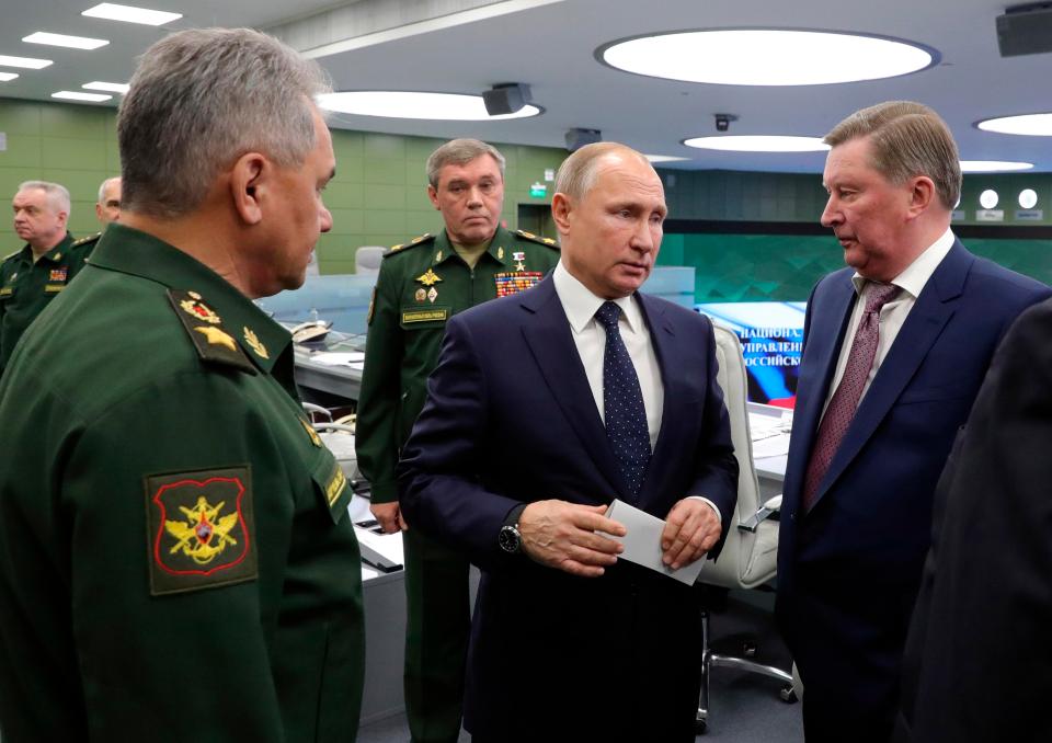  Vladimir Putin today in the control room during the final test launch of the Avangard hypersonic weapon