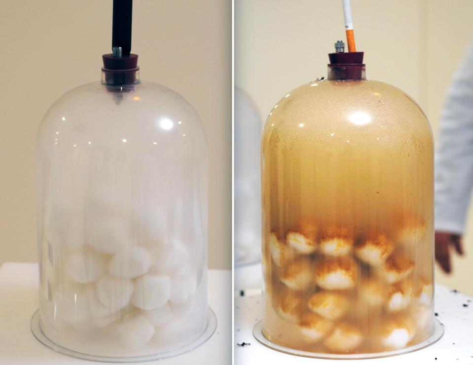  The video uses cotton wool in a glass dome to show the damage cigarette smoke does compared to vaping