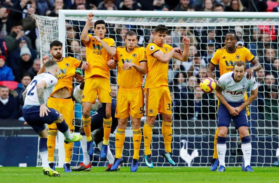  Kieran Trippier swings a free-kick goalwards for Spurs but the attacking wing-back was targeted by Wolves