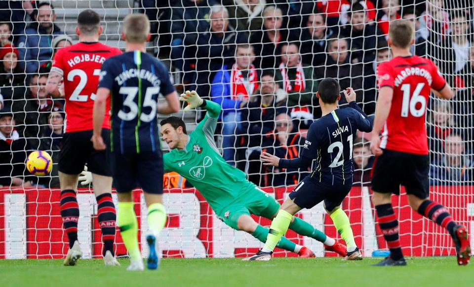  David Silva fires home Manchester City's first goal against Southampton