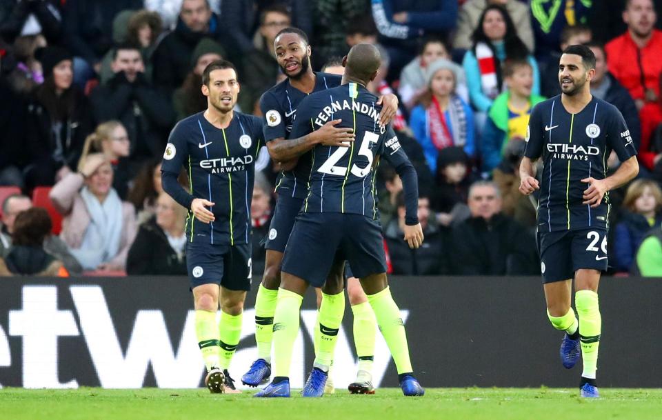  Raheem Sterling celebrates City's second goal