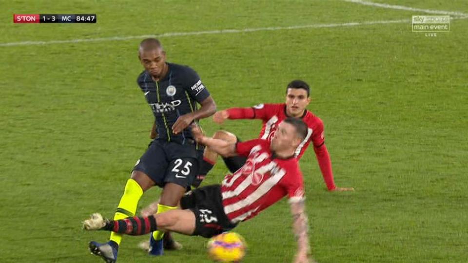  Pierre-Emile Hojbjerg of Southampton gets sent off for a challenge on Fernandinho.