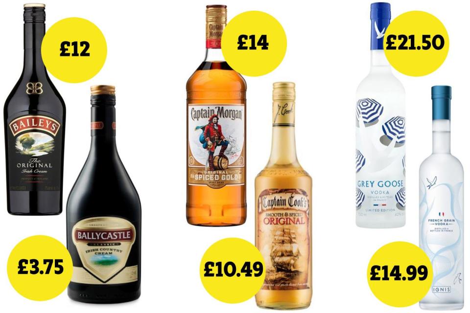  By heading to Aldi and Lidl, you can pick up own-brand versions of big-name brands including Bailey's, Captain Morgan and Grey Goose