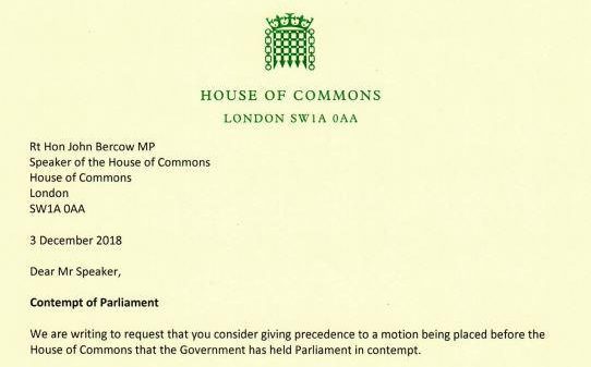  Opposition MPs have written to the Commons Speaker calling for a vote to hold the Government in contempt of Parliament