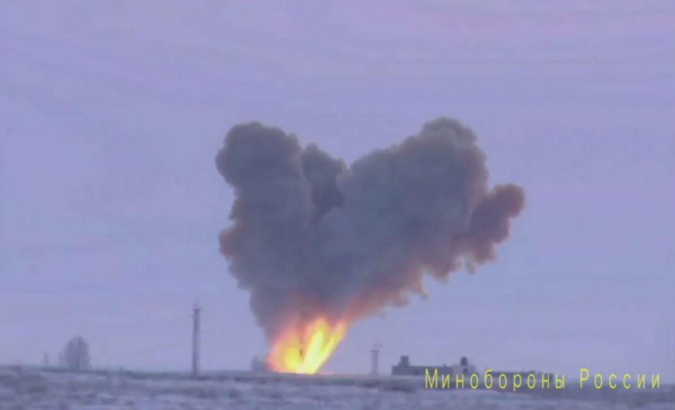  An Avangard hypersonic weapon is launched into the air amid a huge fireball in southern Russia today