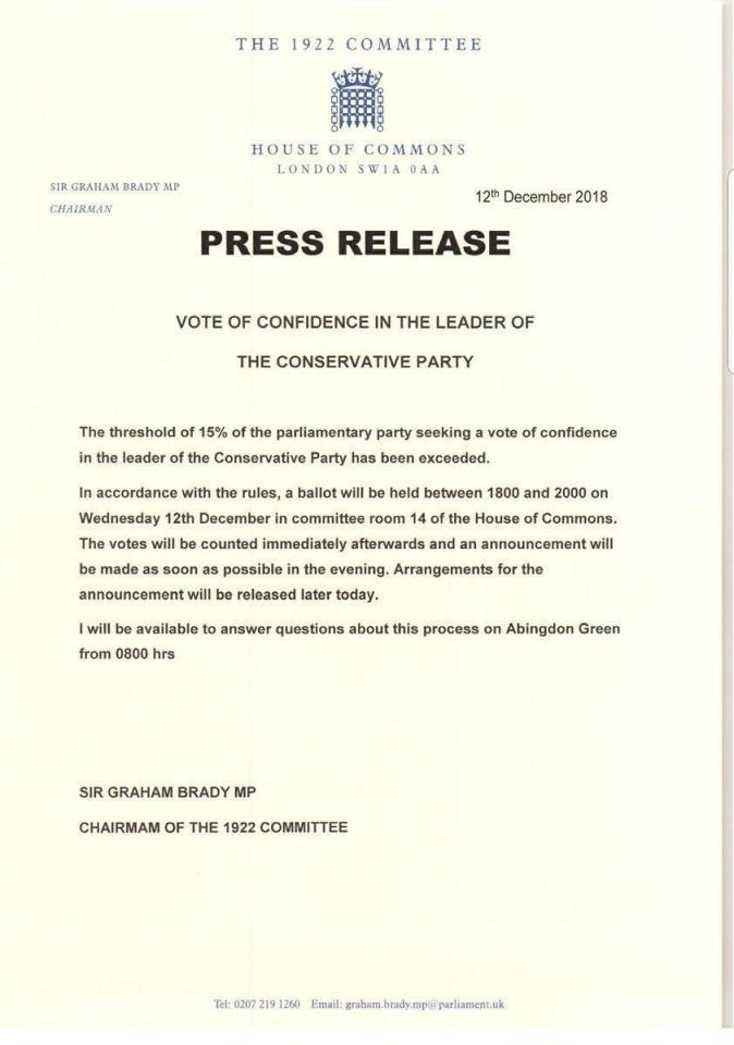  Sir Graham Brady sent this press release this morning