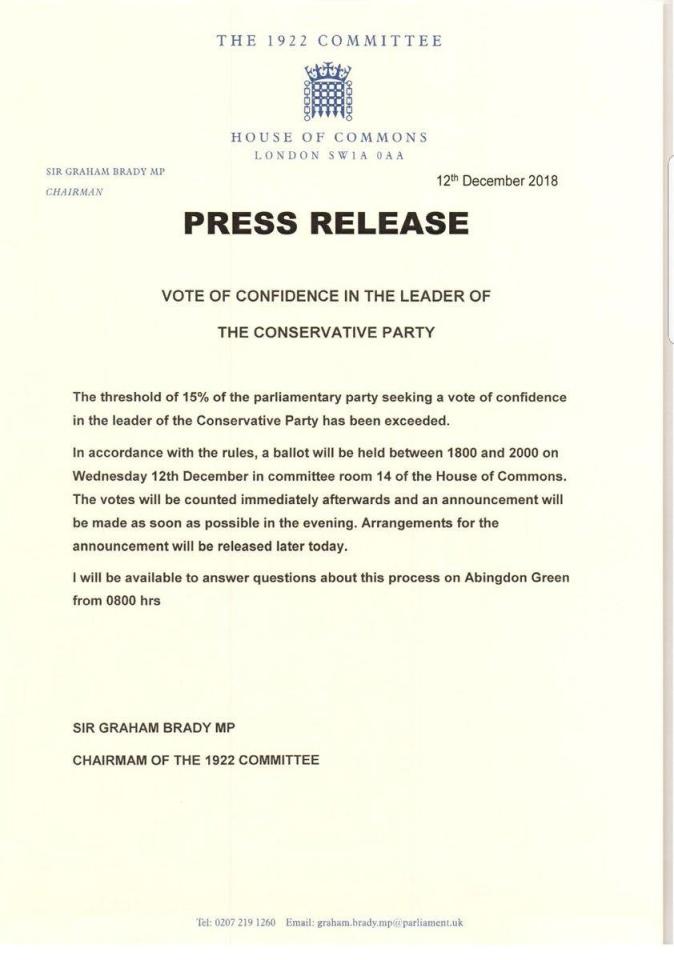  Sir Graham Brady sent this press release yesterday morning