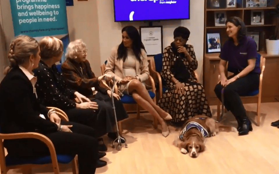  Meghan Markle sat with a dog at her feet during the visit