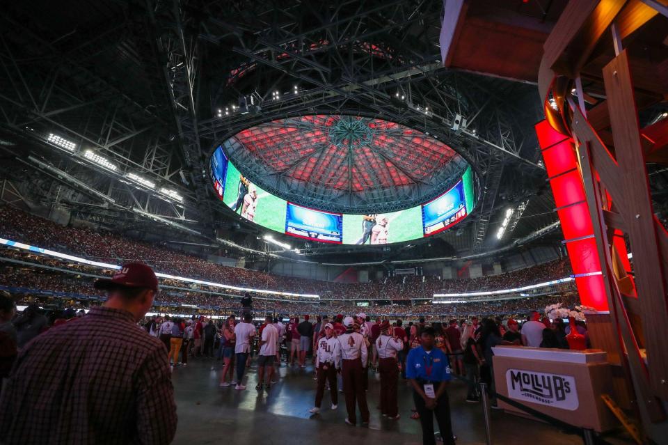 The video board at Mercedes Benz Stadium is the largest in the world and goes round the rim of the roof