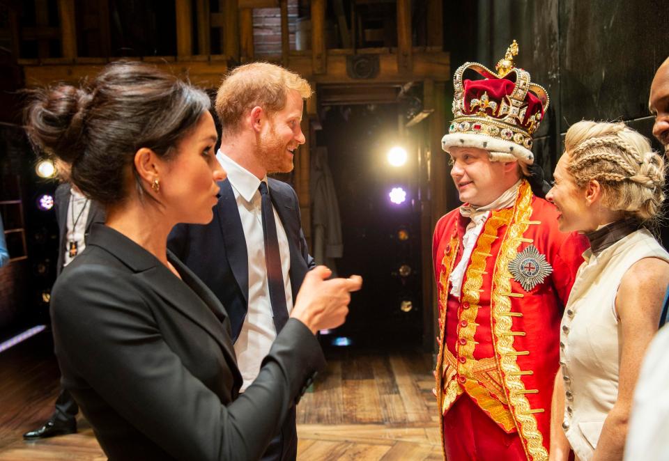  The Duke and Duchess of Sussex meeting the cast at the Victoria Palace Theatre after a performance of Hamilton