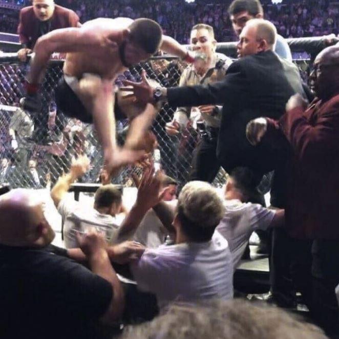 This was the moment the undefeated Russian star leapt out of the cage after beating Conor McGregor