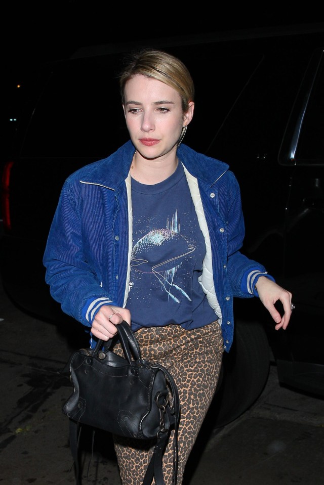 The actress niece of Julia Roberts, Emma, snapped in Hollywood wearing leopard pants, black boots, blue t-shirt and blue jacket last month