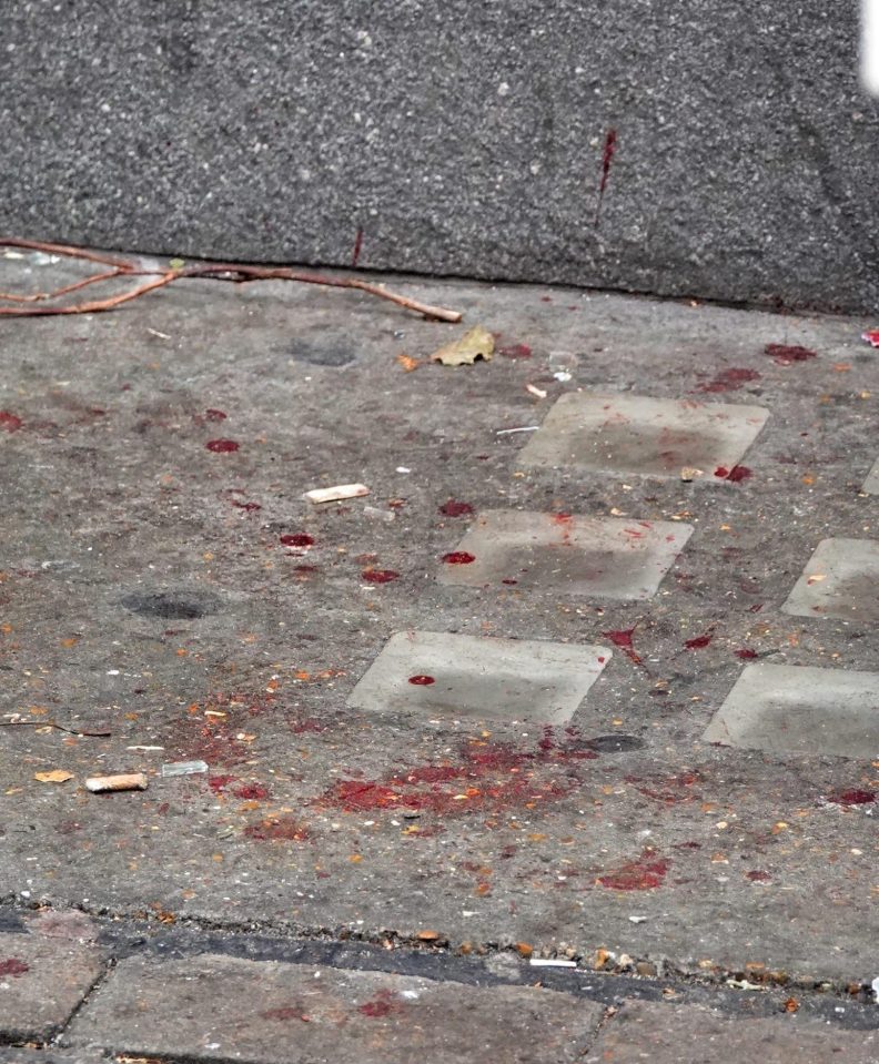  Blood is left splattered on the ground outside the plush Mayfair New Year's Eve party where Tudor was stabbed to death