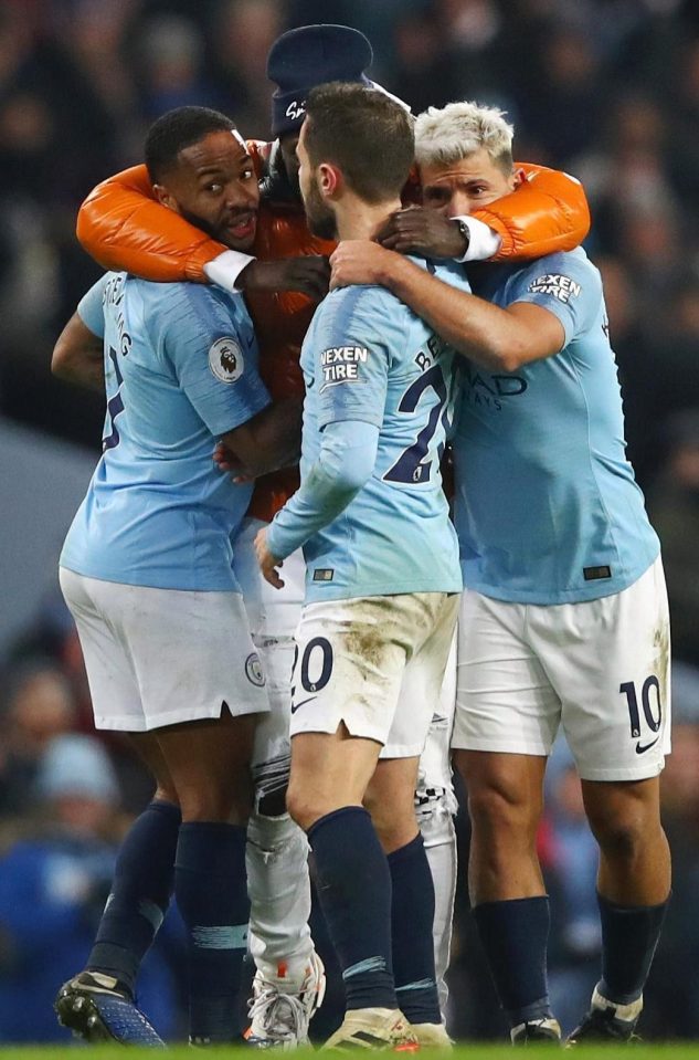  Man City's players were jubilant at the final whistle after their victory against Liverpool at the Etihad