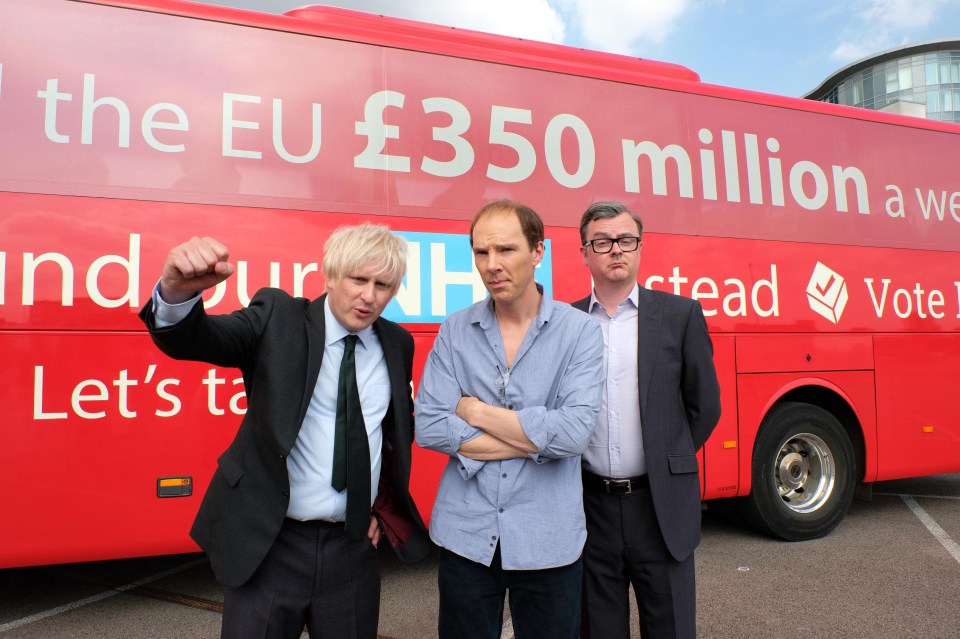 (L-R) Richard Goulding as Boris Johnson, Benedict Cumberbatch as Dominic Cummings and Oliver Maltman as Michael Gove from the Channel 4 new Brexit TV drama