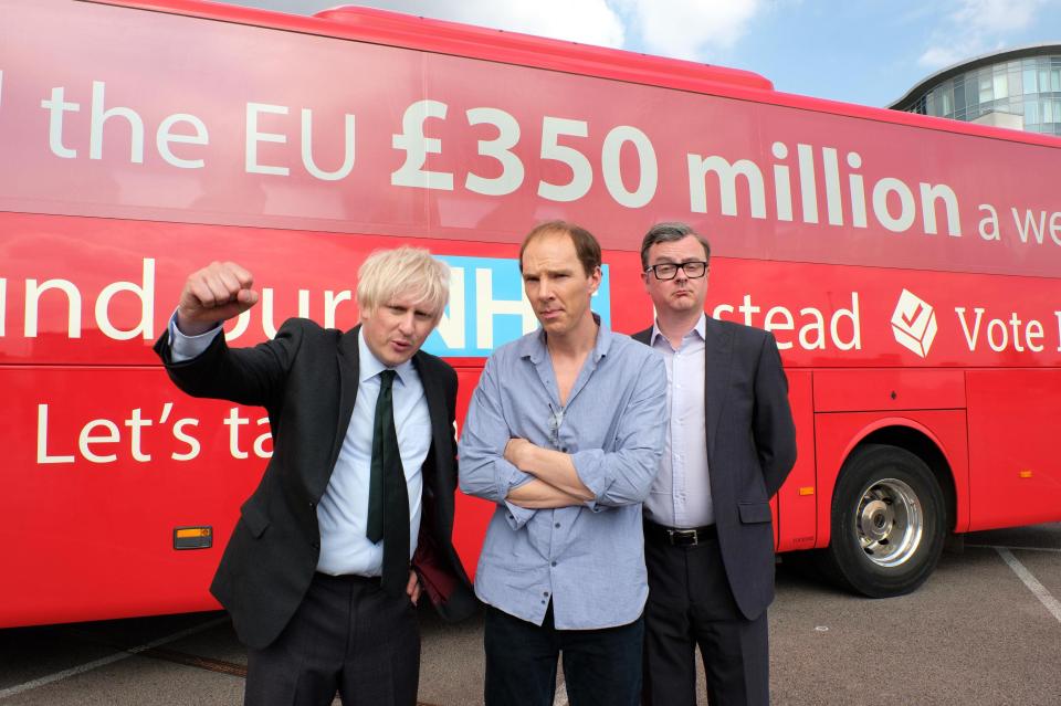  (L-R) Richard Goulding as Boris Johnson, Benedict Cumberbatch as Dominic Cummings and Oliver Maltman as Michael Gove from the Channel 4 new Brexit TV drama