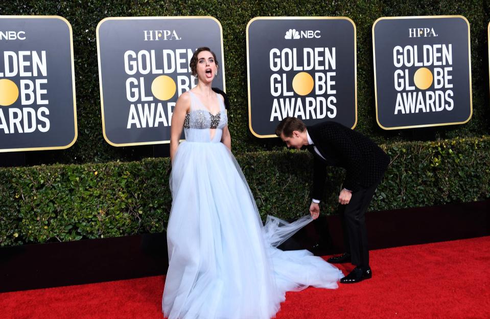  Dave Franco helping his wife Alison Brie avoid a wardrobe malfunction is possibly the cutest moment of the Golden Globes 2019