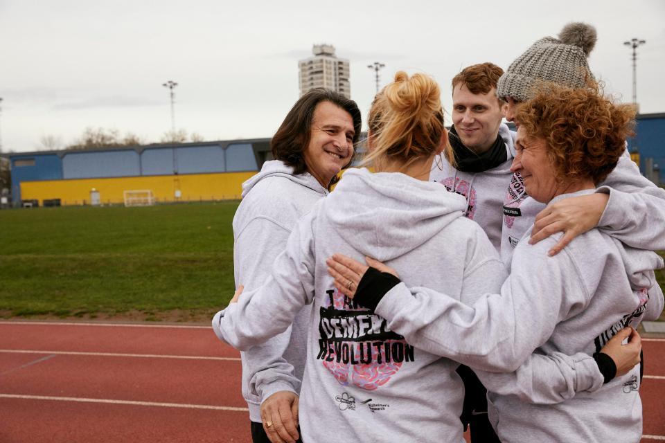  Her husband Scott Mitchell, far left, joined stars including Jamie Borthwick and Jane Slaughter to put in some practise ahead of the big moment