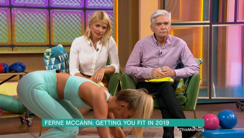  Holly Willoughby and Phillip Schofield don't know where to look as Ferne McCann thrusts her bum in their face on This Morning