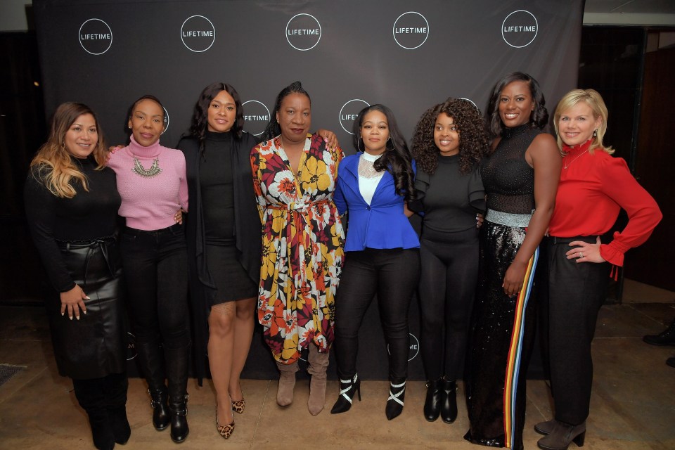 (L-R) Lizzette Martinez, Andrea Kelly, Lisa Van Allen, Tarana Burke, Kitti Jones, Jerhonda Pace, Asante McGee and Gretchen Carlson attend the Surviving R Kelly documentary screening in New York