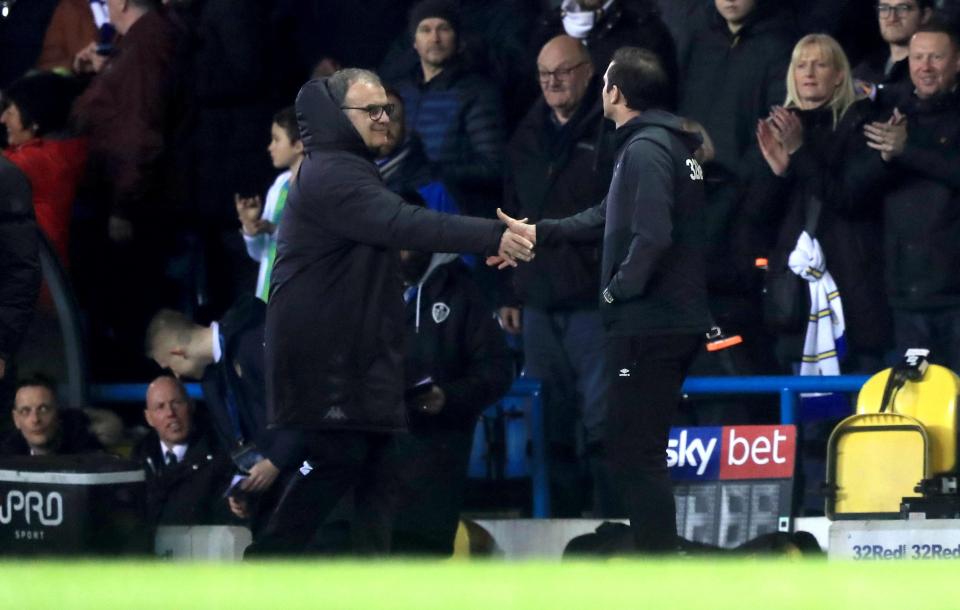  Frank Lampard and Marcelo Bielsa shake hands after the controversial Spygate scandal last week