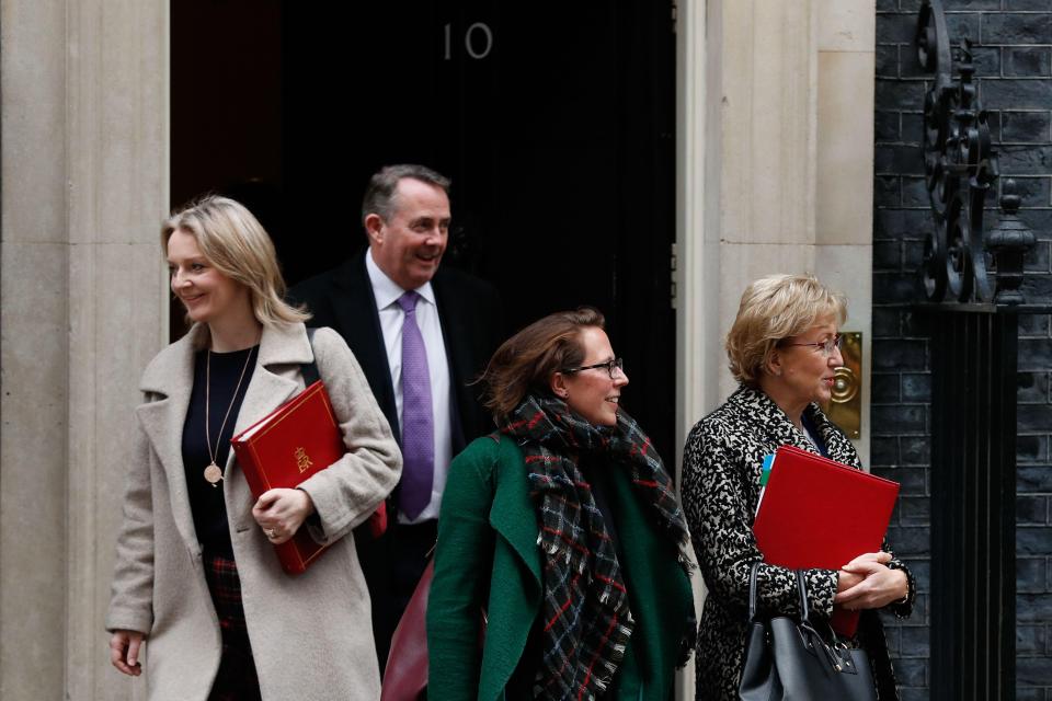  Chief Secretary to the Treasury Liz Truss (L), International Trade Secretary Liam Fox (2L) and Leader of the House of Commons Andrea Leadsom (R) leave after the weekly cabinet meeting at 10 Downing street