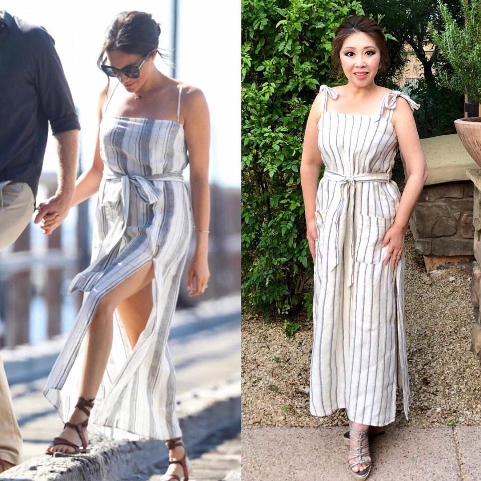  Meghan glowed in this striped maxi dress during the Royal Tour in October, and Janelle found a near-identical outfit