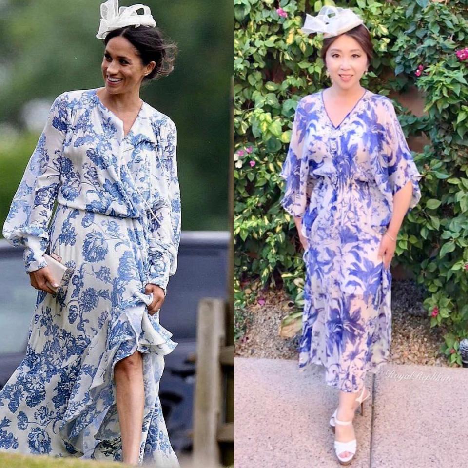  The mum copied Meghan's blue floral maxi dress that she wore to the wedding of Princess Diana's niece in June