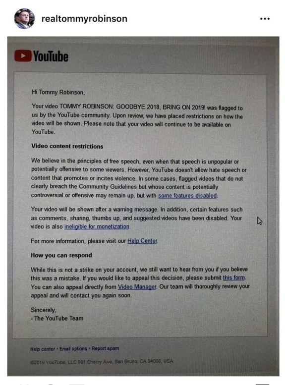  A screenshot taken of a YouTube message regarding his ad suspension